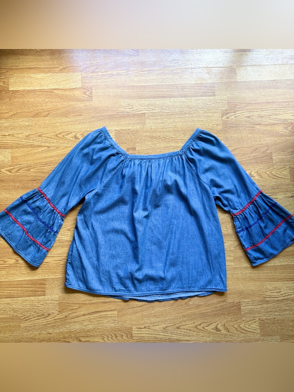 Hester & Orchard Chambray Off-Shoulder Peasant Top Boho Sleeve Detail Sz XL - Picture 10 of 10